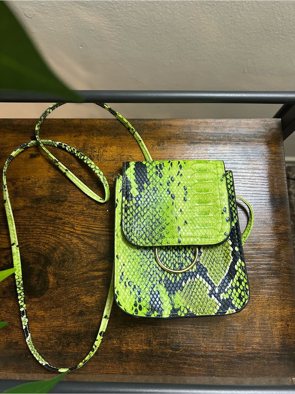 ASOS Neon Green Snake Print Crossbody Bag with Ring Detail